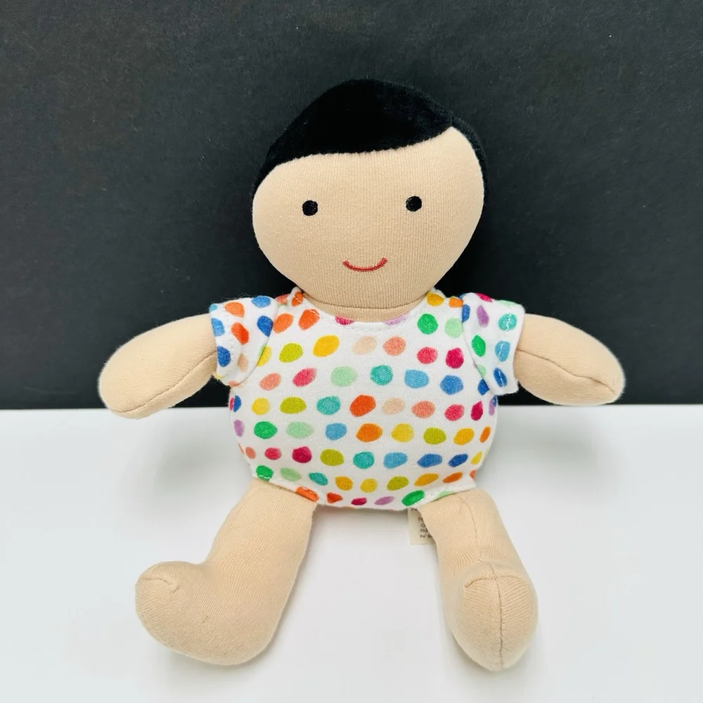 LOVEVERY 100% Organic Cotton Doll Plush Black Hair Fair Skin Polka Dot Outfit - Picture 1 of 6